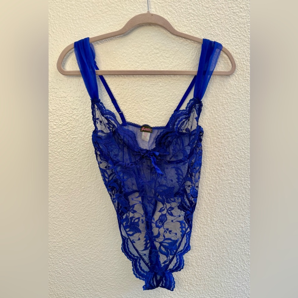 Vintage Frederick's of Hollywood Y2K Blue Lace Teddy Bodysuit Coquette Cyber L - Picture 2 of 8